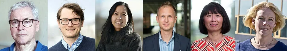 Six pictures side by side showing recipients of Cancerfonden 2025: Edvard Smith, Mattias Carlsten, Sidinh Luc, Joel Nordin, Margaret Sällberg Chen and Katarina Le Blanc.
