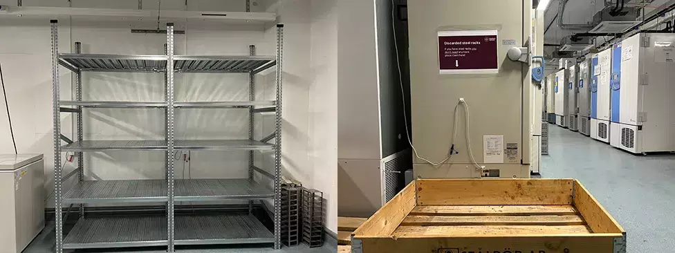 Two photos showing shelves for sample boxes and a dedicated pallet for disposing of steel racks.