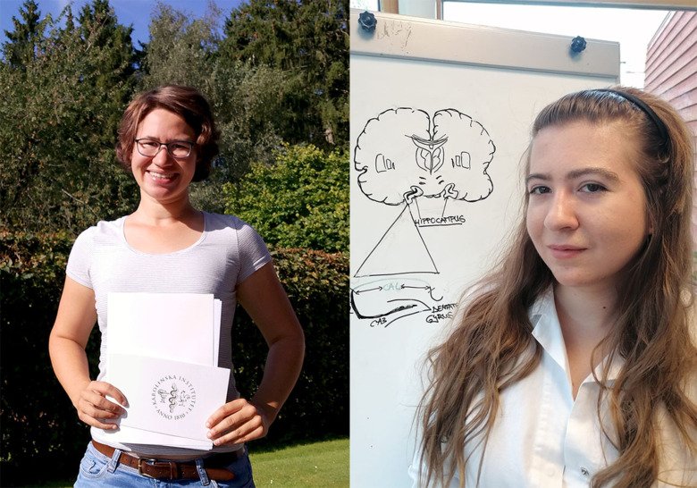 In the photo to the left is a woman standing outdoors on a garden holding her diploma from KI. The photo on the right shows a woman wearing a lab coat standing in front of a white board showing a drawing with an explanation of the brain.