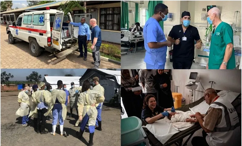 Collage of four images. From left: an ambulance, three health care workers talking, health care workers standing outside a tent, health care workers examining a child