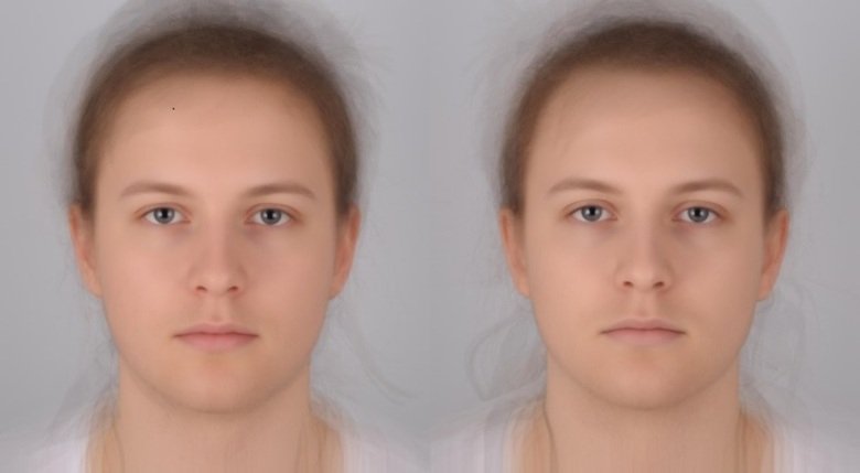 The portraits are average images of the same participants who have been injected with placebo (left) or with a bacterial component from E. Coli (right). The pictures were taken two hours after injection.