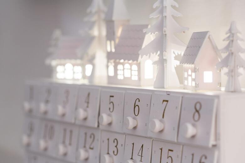 Close up of white advent calendar.