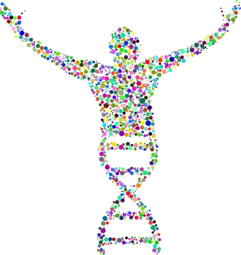 Illustration of a man with a DNA helix as legs, raising his arms in celebration.