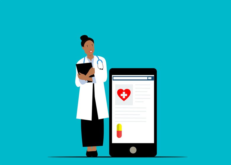 Doctor next to cellphone with medical symbols.