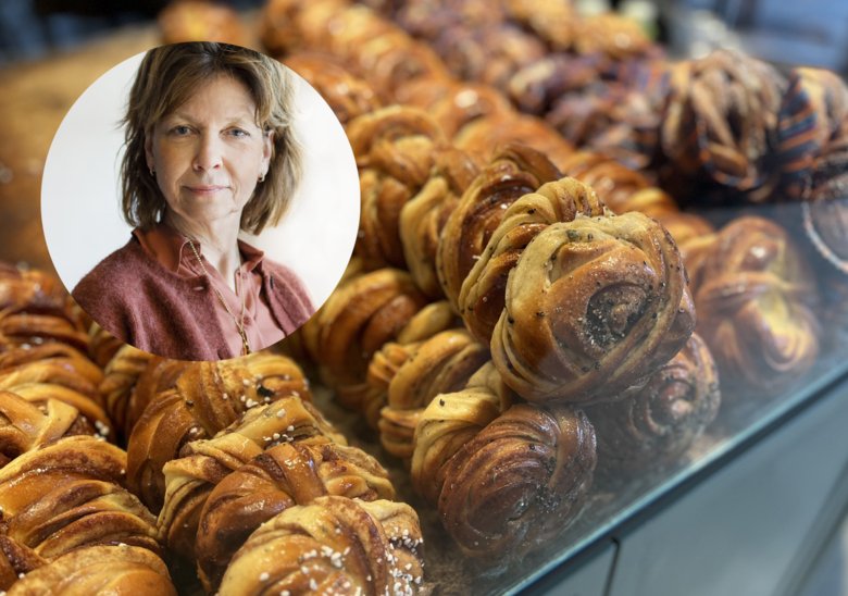 Collage of a photo of cardamum rolls and a portrait picture of KI:s president Annika Östman Wernerson