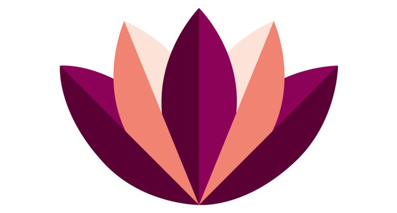 A graphic shape resembling a water lily with pointed petals in KI's profile colour plum purple and lighter shades.