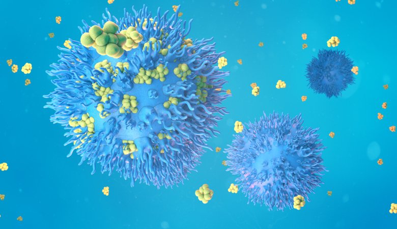 Illustration of proteins and cancer cells.