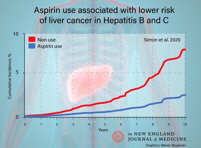 Graphics by Marek Skupinski showing how aspirin use is linked to reduced liver cancer risk among patients with hepatitis B or C