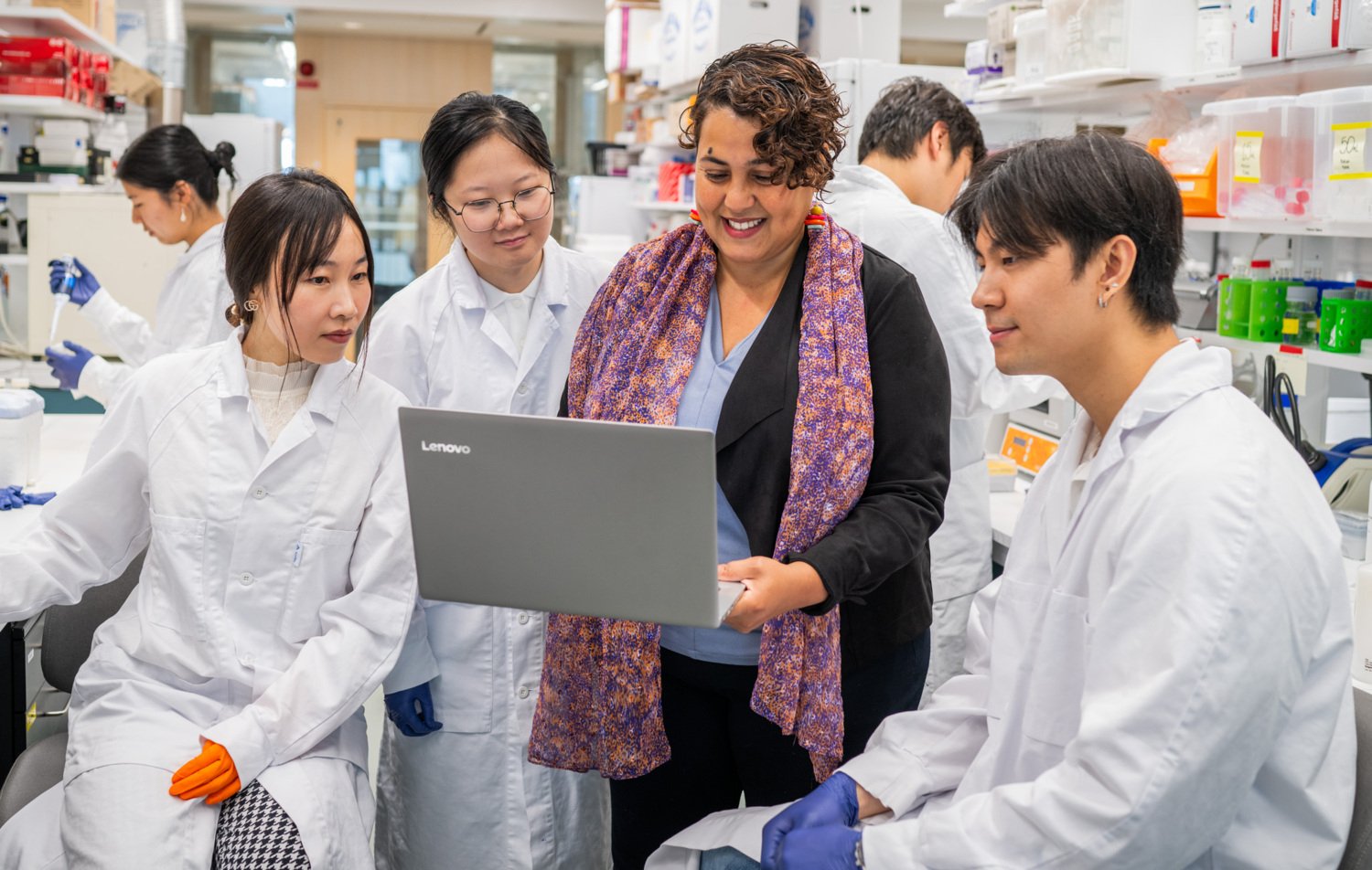 The research team behind the study (from left) Xiaona Feng, Kaiwen Xhan, Saida Hadjab and Prach Techameena at Hadjab Lab.