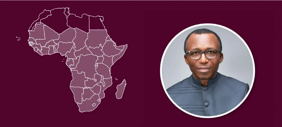 A map of Africa where the Sub-Sharan countries are marked and a photo of Professor Choukem.