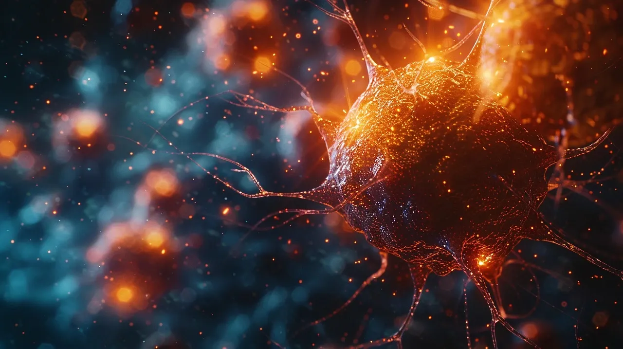 Illustration of a cell with elongations floating in space with dots of light.