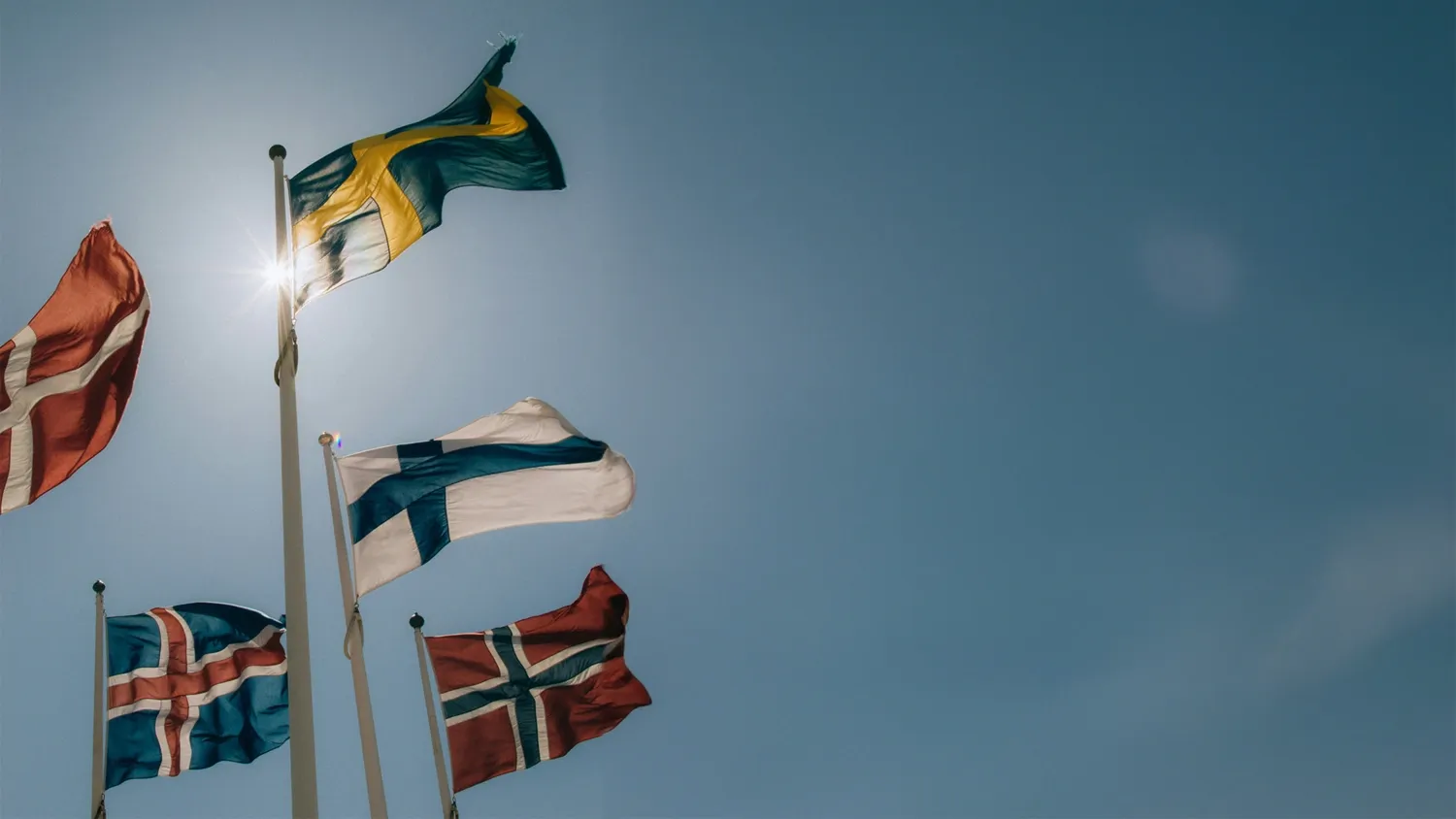 All the flags of the Nordic countries waving in the wind.