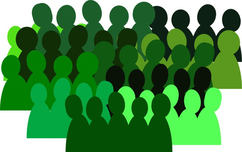 Green silhouettes of a group of people, illustrating a population, cohort, or statistics.