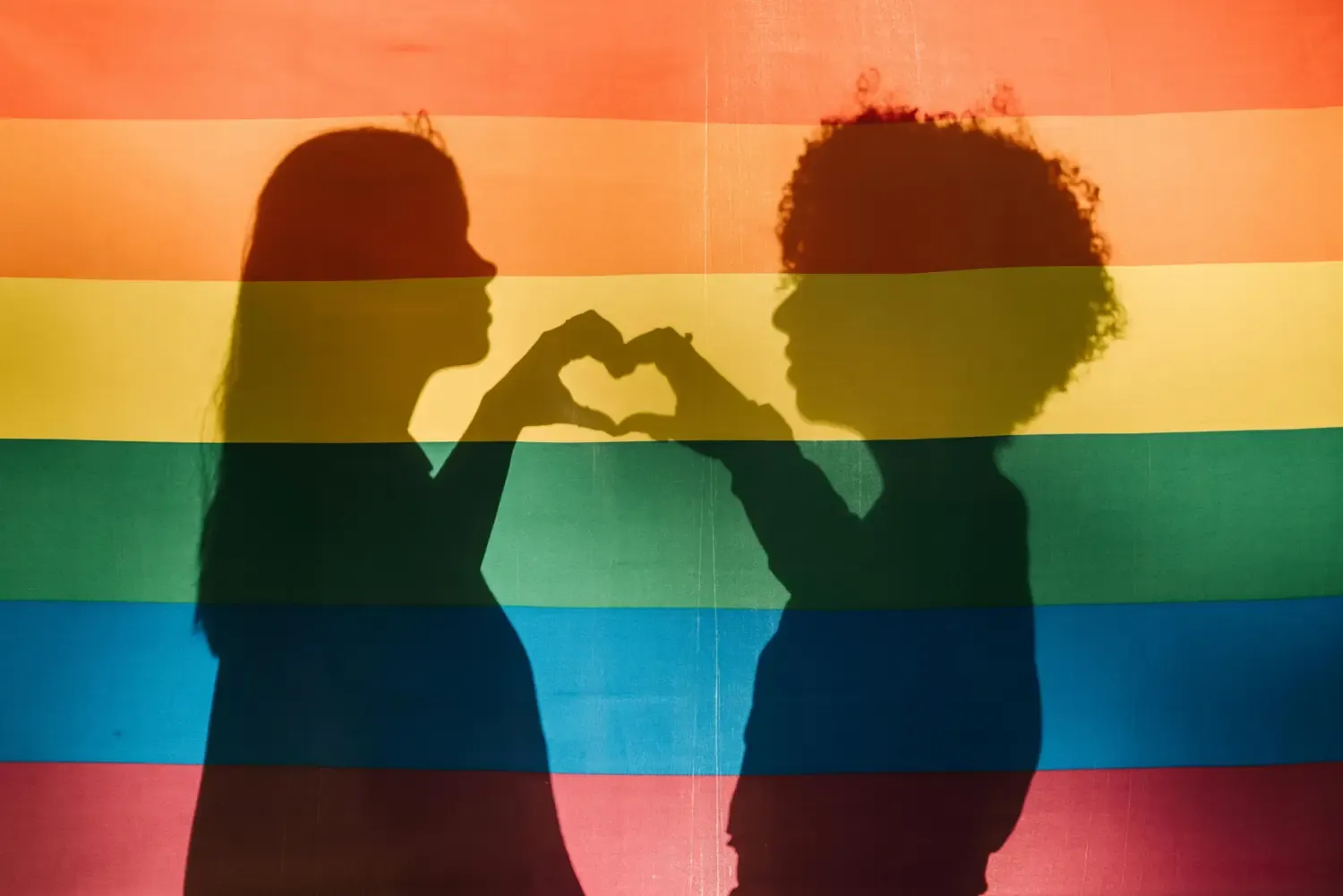 Prideflag with two humans holding a love shadow