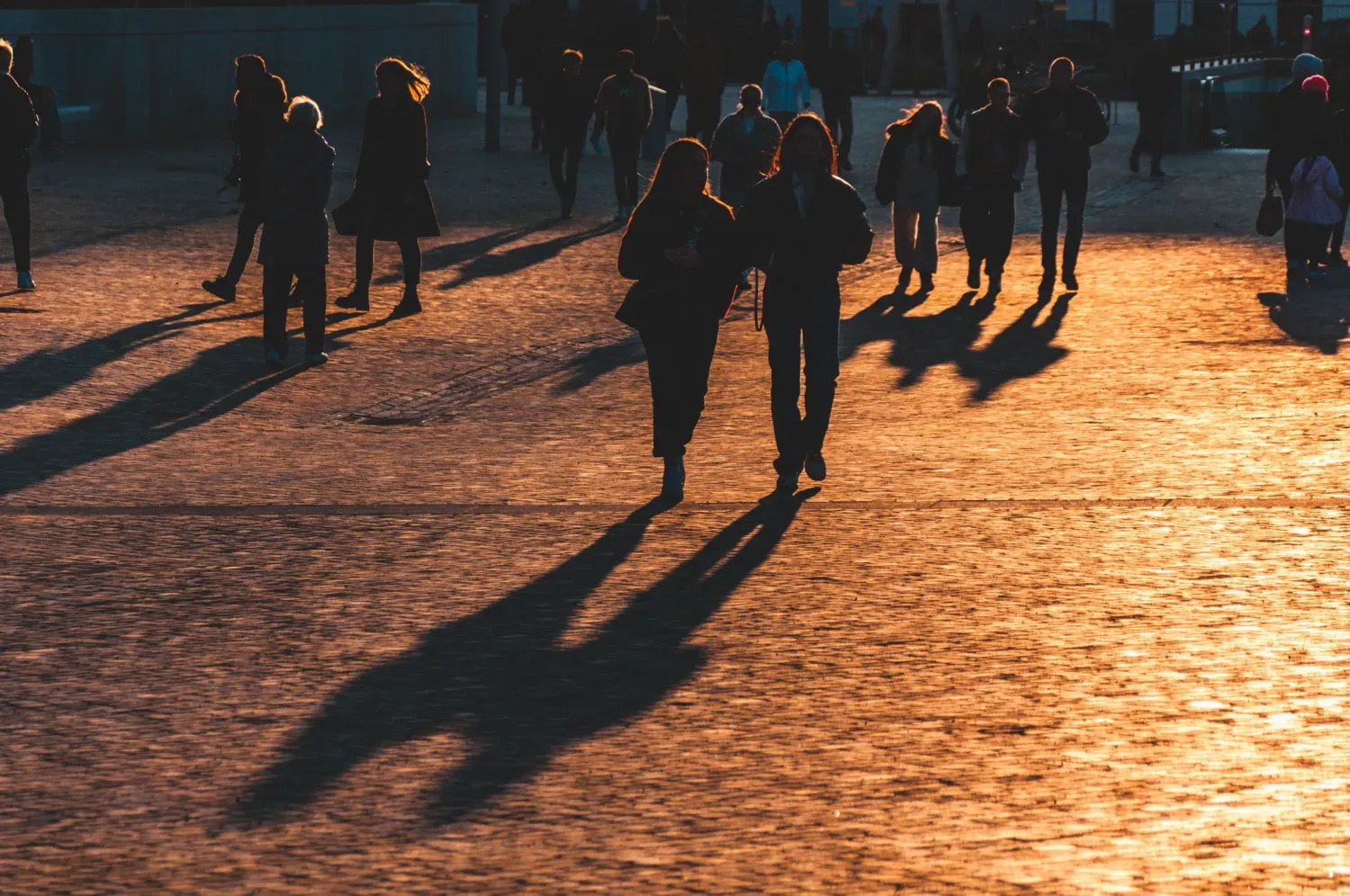 diverse group of silhouettes walks across sunlit cobblestones, casting long shadows during the golden hour.