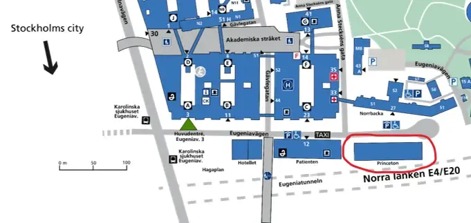 Map of New Karolinska Solna University Hospital area with the Princteon building marked.