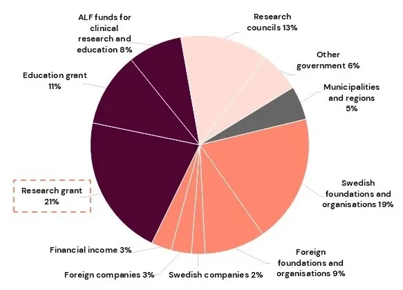 Diagram showing Karolinska Institutet's income for 2024, broken down into different categories. The diagram illustrates the different sources of income and their respective shares of the total budget, with the government research grant accounting for 21%.
