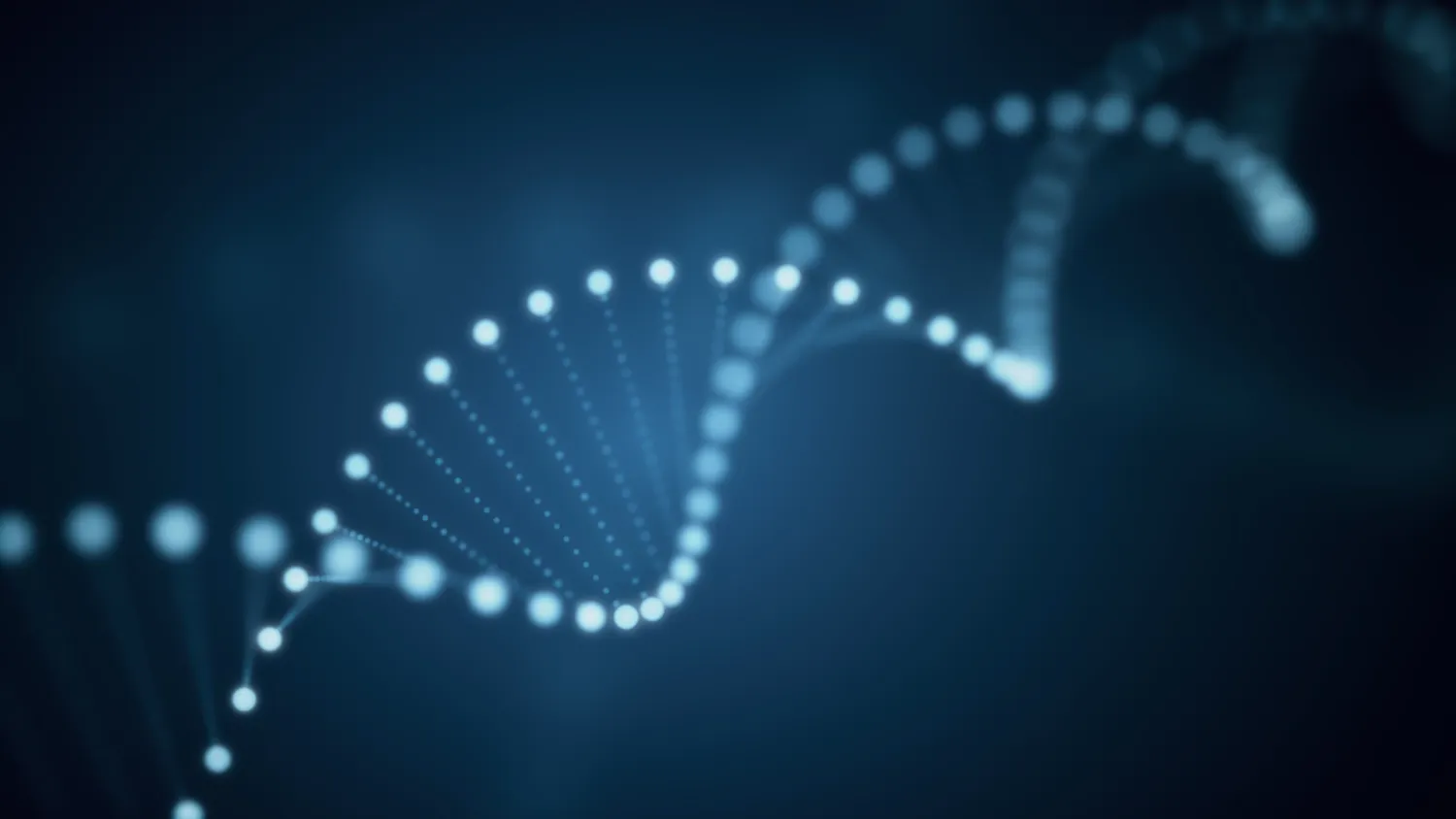 Decorative: 3d illustration of rotating DNA glowing molecule on blue background.