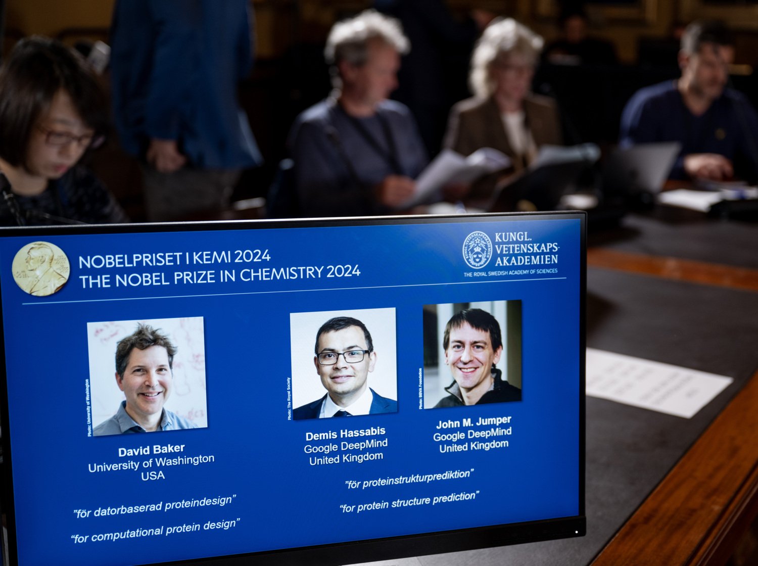 The 2024 Nobel laureates in Chemistry are announced: David Baker (University of Washington, USA), Demis Hassabis (Google DeepMind, UK) and John M Jumper (Google DeepMind, UK).