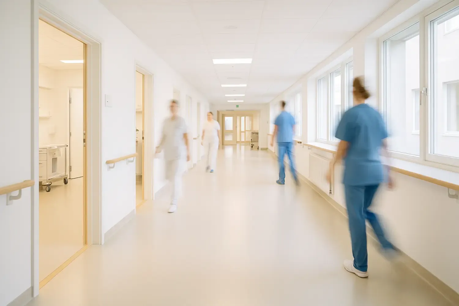 A bright and fresh Swedish hospital ward with staff appearing as blurred, moving figures within the environment.