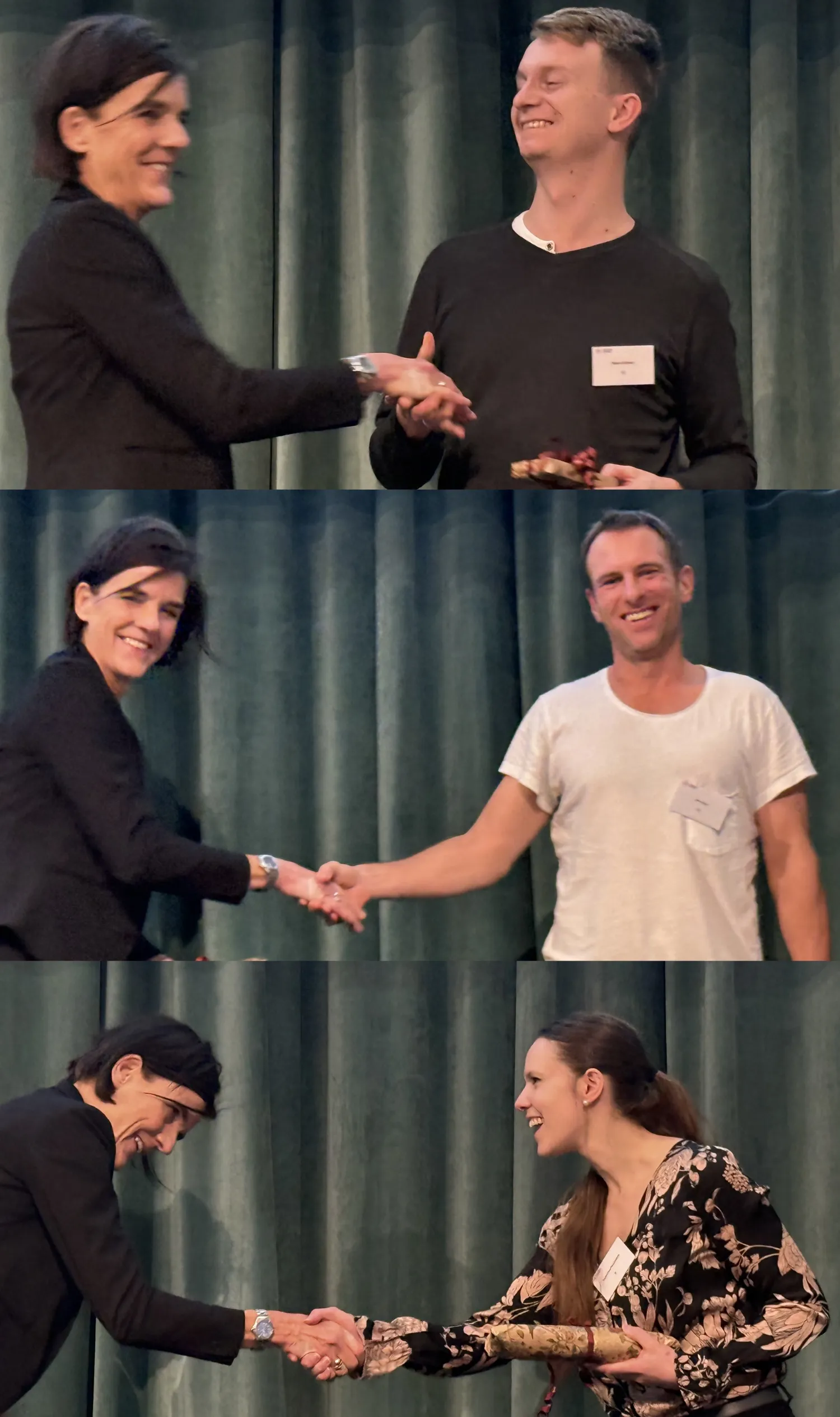 Three people shake hands with the head of department Camilla Björkegren.