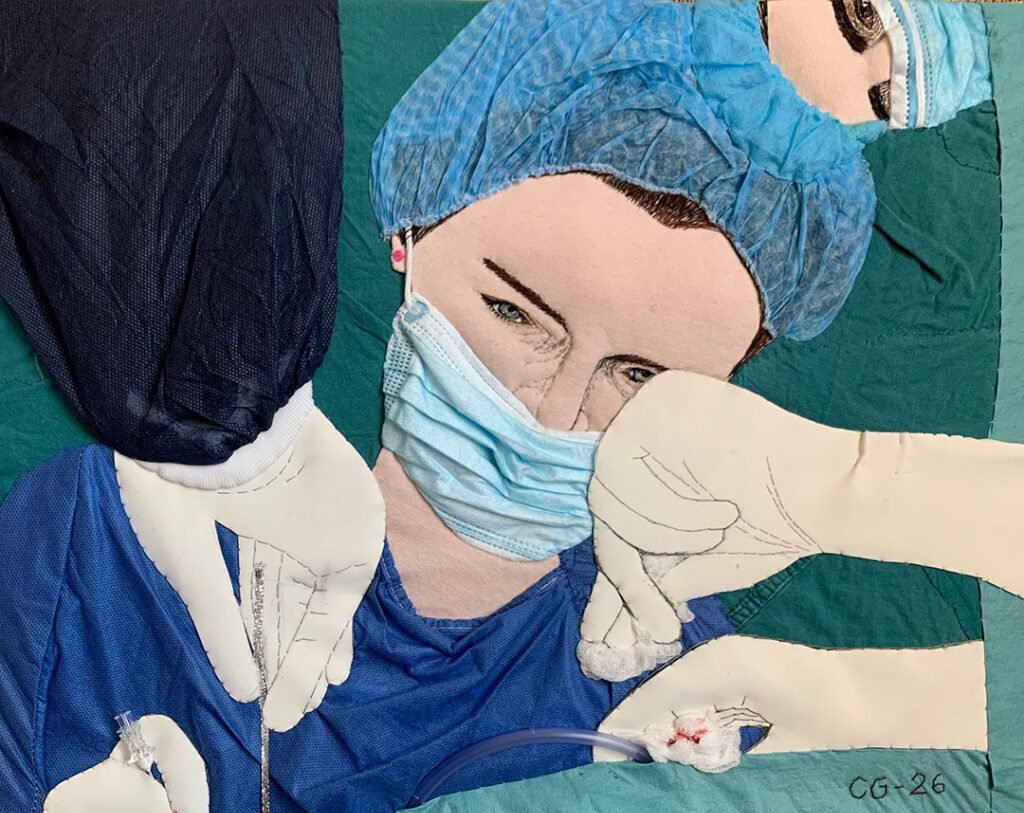 The textile artwork ‘The Surgeon in Ukraine’ by Charlotta Grunewald.