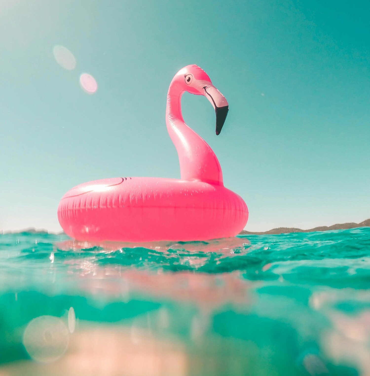 Swimmingpool toy shaped as a pink flamingo.