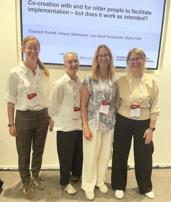 Gruppbild på Lisa Herulf-Scholander (NVS Division of Physiotherapy, Helena Strehlert (Äldrecentrum), Elisabeth Rydwik (NVS Division of Physiotherapy, Maria Flink (NVS Division of Family Medicine and Primary Care)..