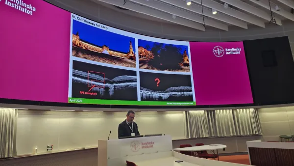 Photo of XX presenting at the Advancements in Stem Cells, Organoids, AI, and Regenerative Medicine Conference 2025: Jonathan Arias, Jelena Pekic and Jose Inzunza.