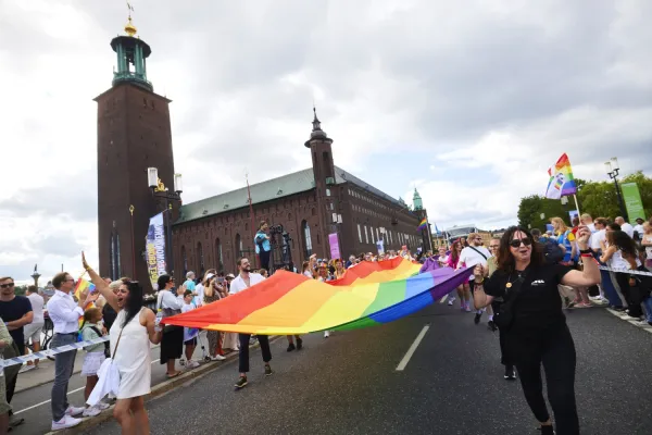 Part of the Pride parade passing City Hall.