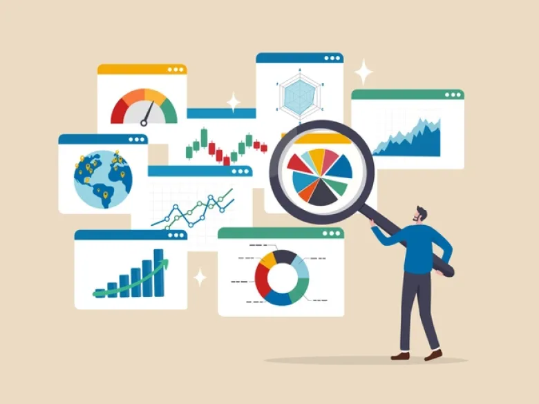 Illustration of a man analysing research findings