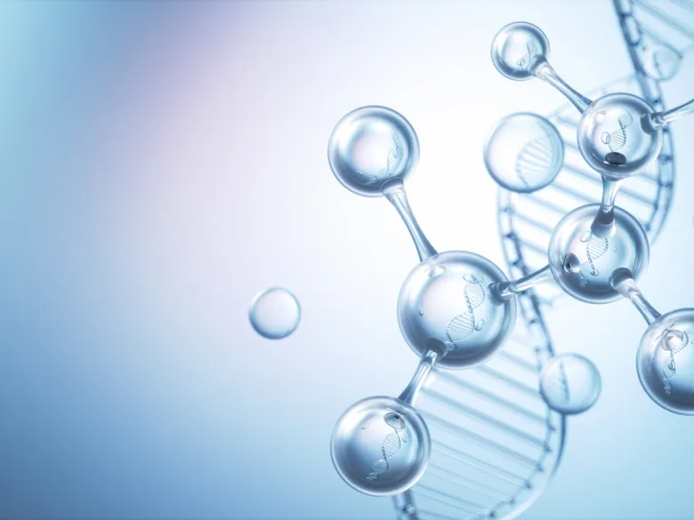 Illustration of a molecule with a DNA-helix in the background.