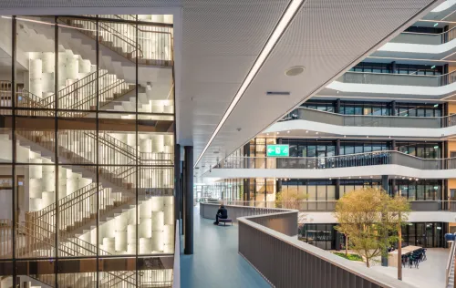 View over stairwell, corridor and atrium.