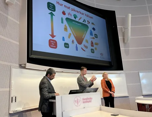 Speakers in front of the presentation.