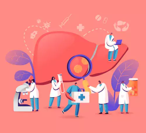 Illustration of liver surrounded by medical professionals.