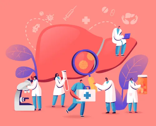 Illustration of liver surrounded by medical professionals.