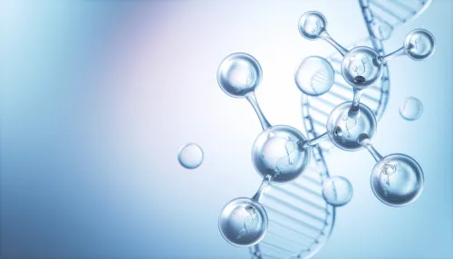 Illustration of a molecule with a DNA-helix in the background.