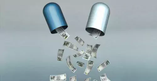 Illustration of an opened pill, with money falling out of it.