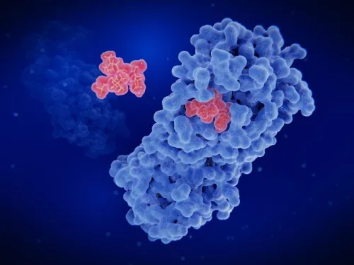 Scientific genre image of a drug binding to a protein target.