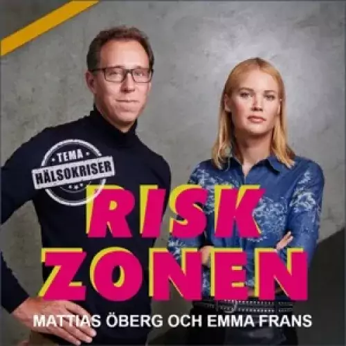 A man and a woman looking into the camera. Below them in pink letters it says Riskzonen and in a stamp-like seal it says Tema hälsokriser