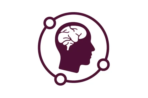 Image of a head in profile in plum with the brain visible in white. The head is inside a circle with three nodes.