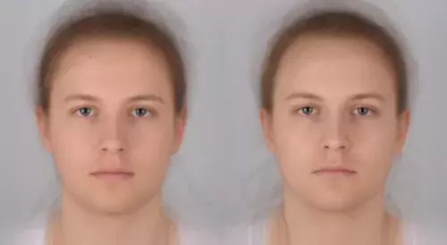 The portraits are average images of the same participants who have been injected with placebo (left) or with a bacterial component from E. Coli (right). The pictures were taken two hours after injection.