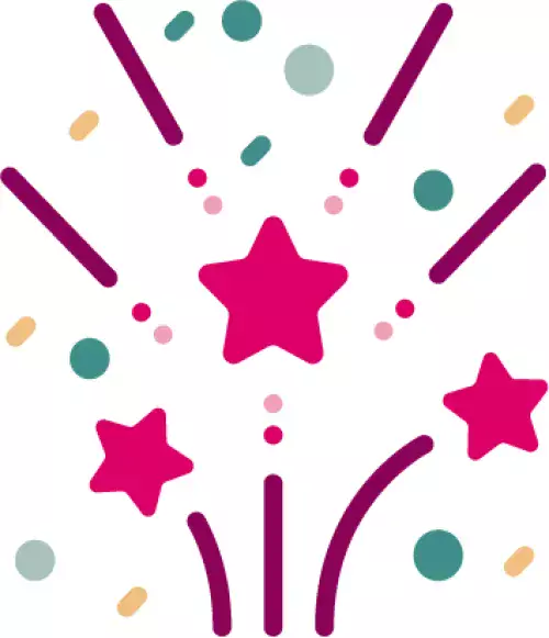 Ikon som illustrerar fyrverkerier och firande, med olika färger och stjärnor.