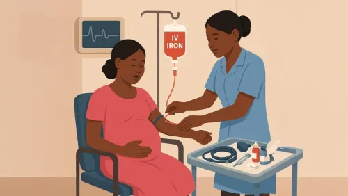 A pregnant woman is sitting on an examination couch at a health centre, receiving an iron drip from a nurse.