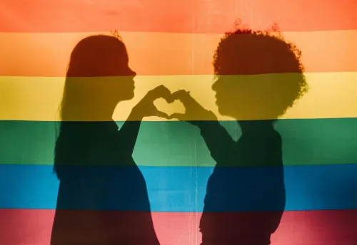 Prideflag with two humans holding a love shadow