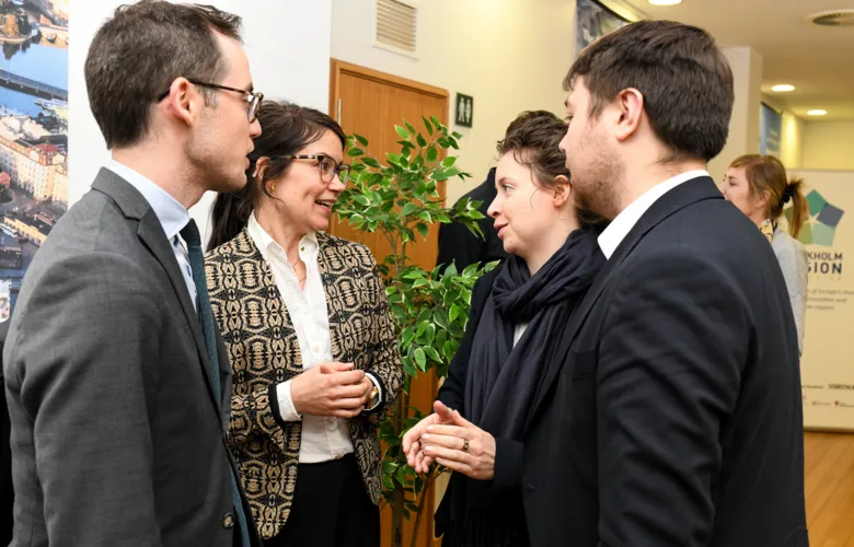 Sanna Sjöblom (second from left) together with Tobias Eriksson from the analysis firm Miltton as well as Rebecca Timm and Gabriel Carlin from the Stockholm Region&#039;s office in Brussels.