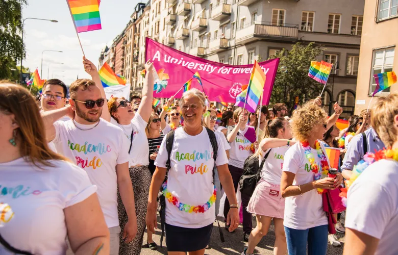 Colorful images of happy people, pride flags and a sunny sky.